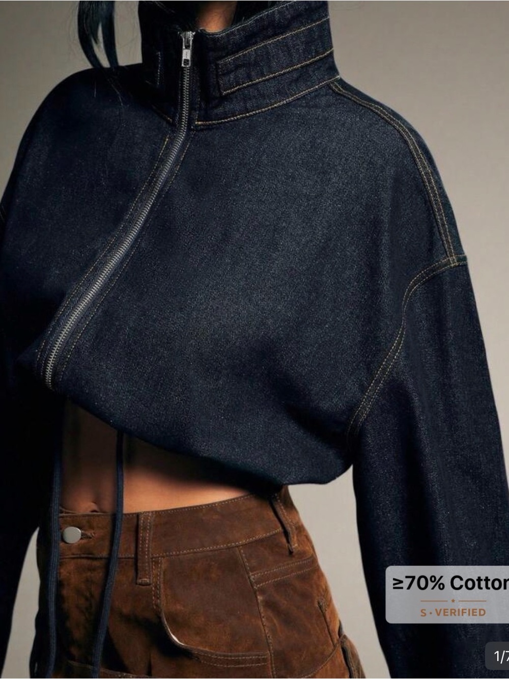 Cropped Dark Denim Zip-Up Jacket - Navy